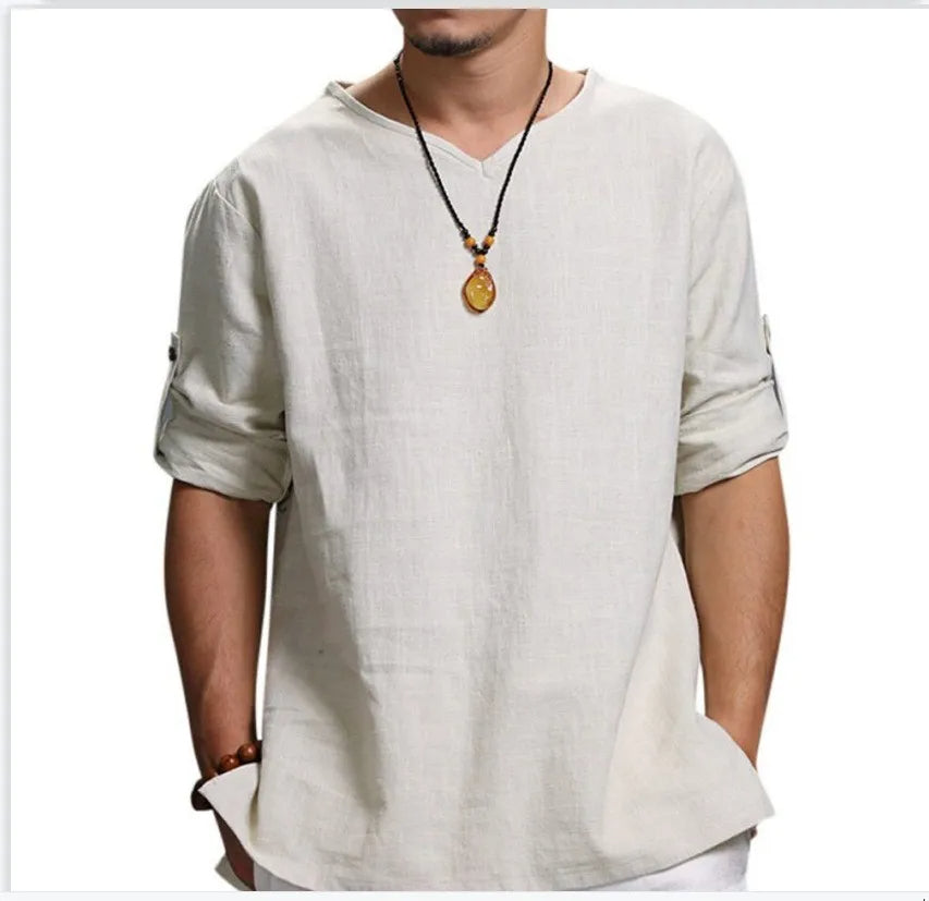 Men's linen style casual t-shirt - relaxed fit short sleeve top for everyday wear