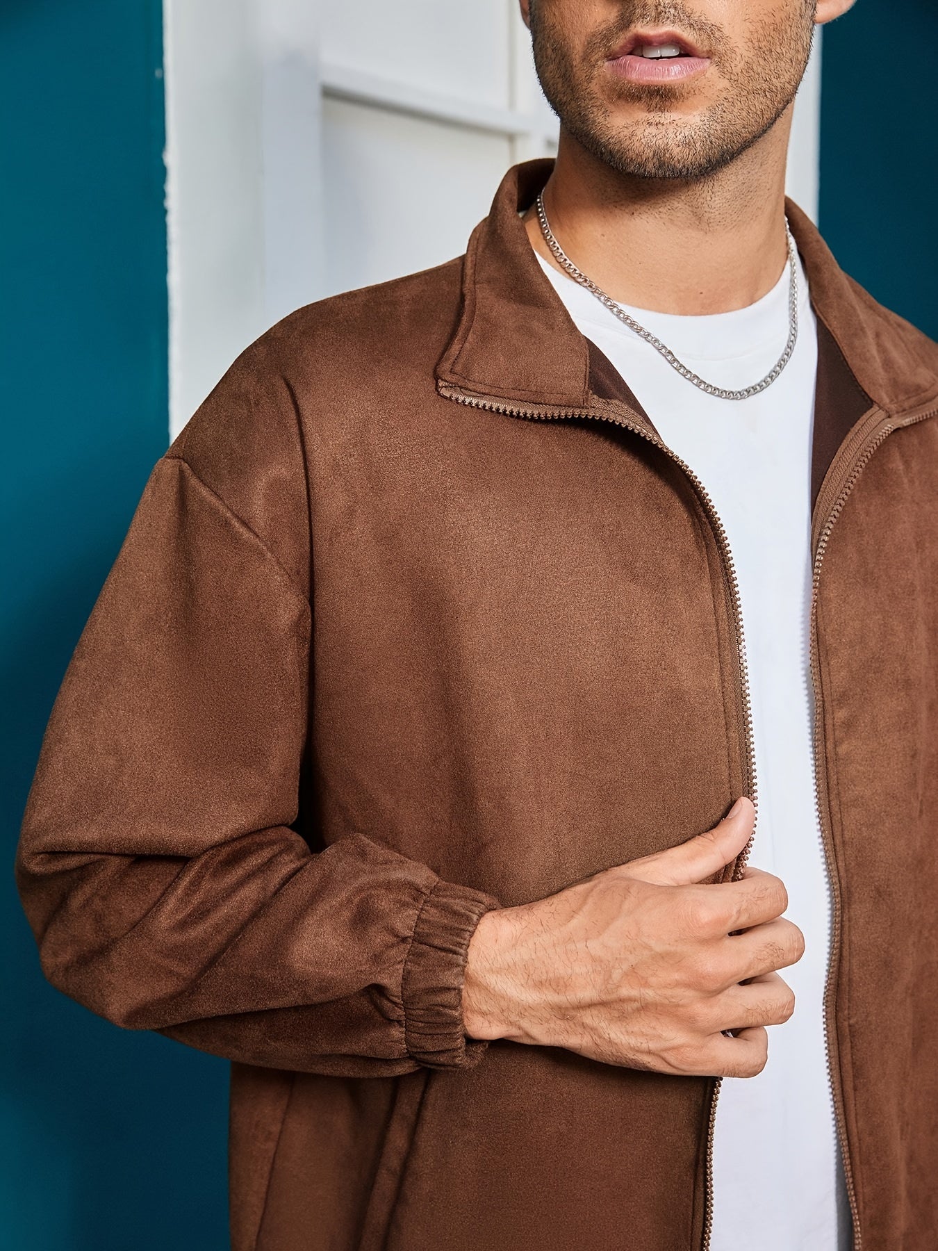 Men's zip-up jacket - sleek brown lightweight outerwear for everyday style