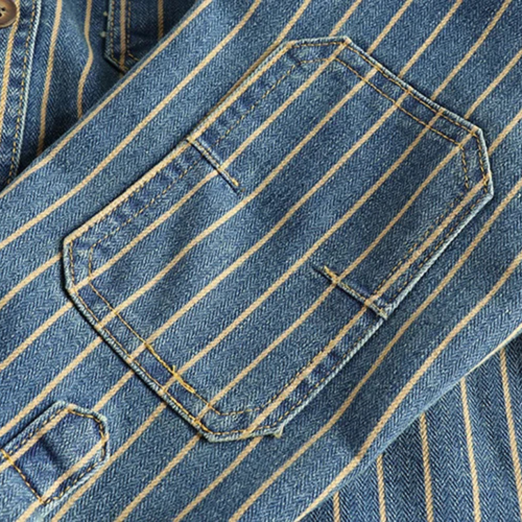 Men's denim utility shirt durable long sleeve - classic striped design for casual wear