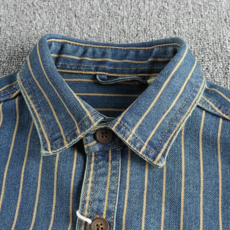 Men's denim utility shirt durable long sleeve - classic striped design for casual wear