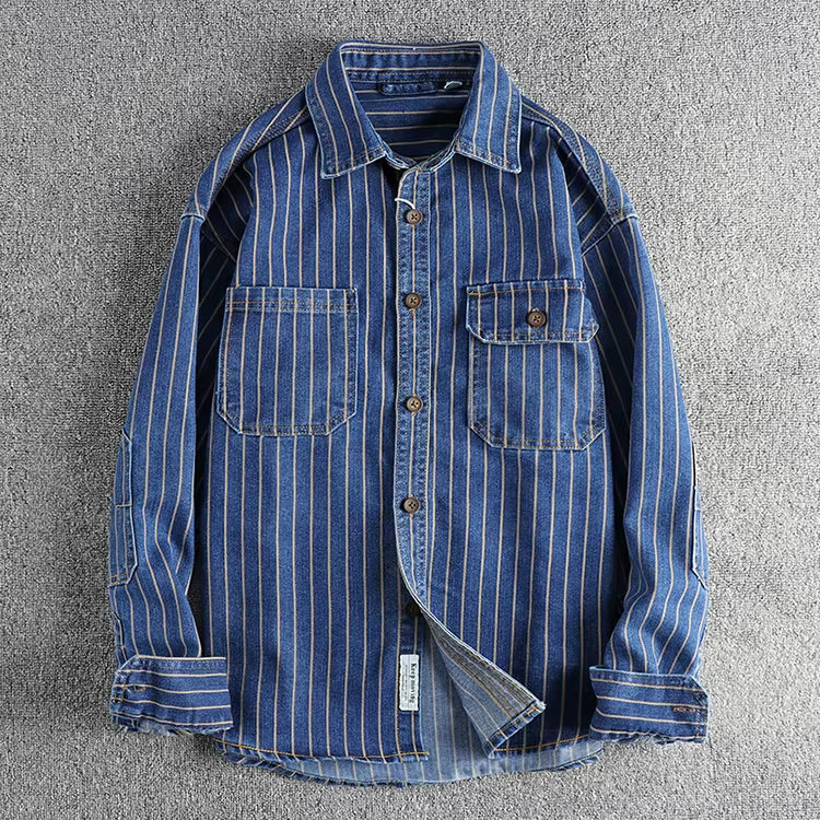 Men's denim utility shirt durable long sleeve - classic striped design for casual wear