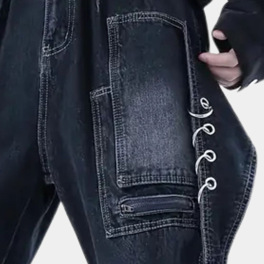 Men's cargo pants durable dark blue denim trousers - versatile casual wear