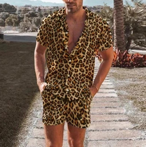 2-piece men's casual shorts and shirt set - trendy leopard print outfit for summer fun - comfortable fit