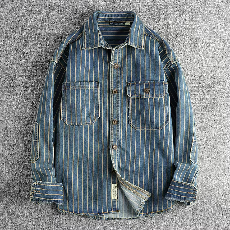 Men's denim utility shirt durable long sleeve - classic striped design for casual wear