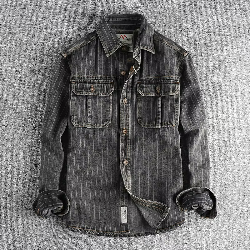 Men's casual shirt modern striped denim top in grey - stylish weekend attire
