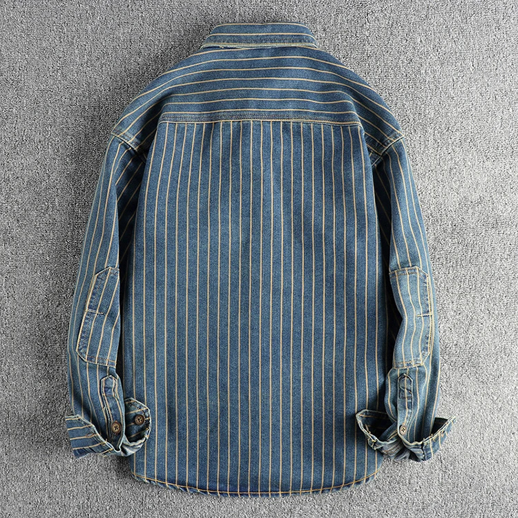 Men's denim utility shirt durable long sleeve - classic striped design for casual wear
