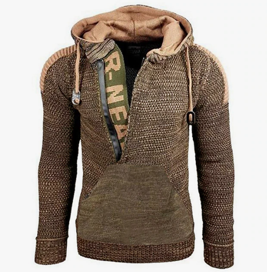 Men's vintage knit pullover - cozy casual hoodie with kangaroo pocket for autumn wear