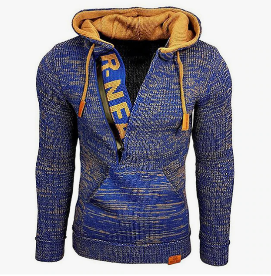 Men's vintage knit pullover - cozy casual hoodie with kangaroo pocket for autumn wear