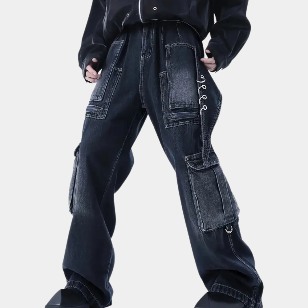 Men's cargo pants durable dark blue denim trousers - versatile casual wear