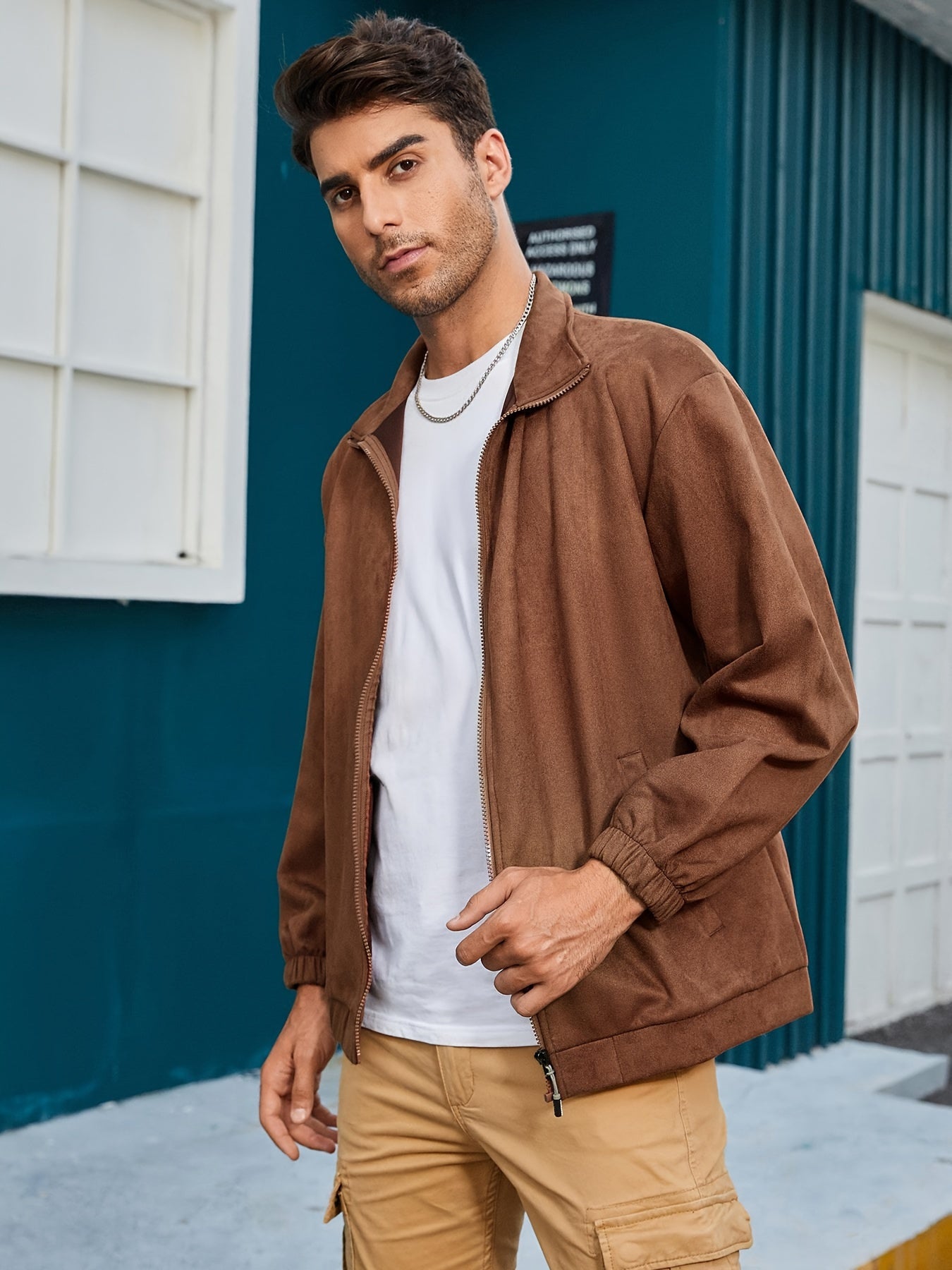 Men's zip-up jacket - sleek brown lightweight outerwear for everyday style