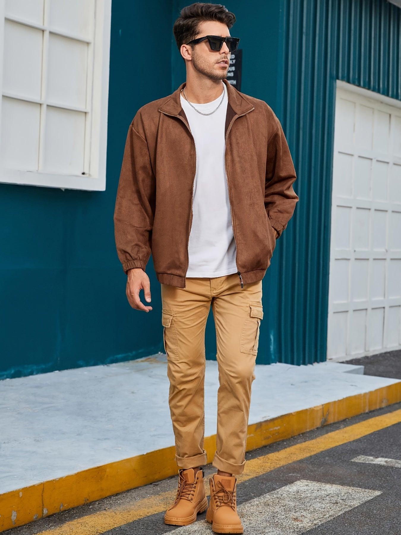 Men's zip-up jacket - sleek brown lightweight outerwear for everyday style
