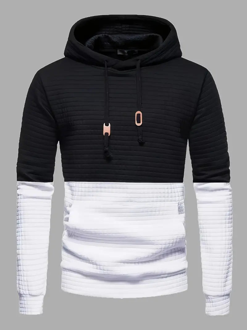 Men's hooded top waffle pattern black casual wear - stylish and versatile pullover for relaxed outings