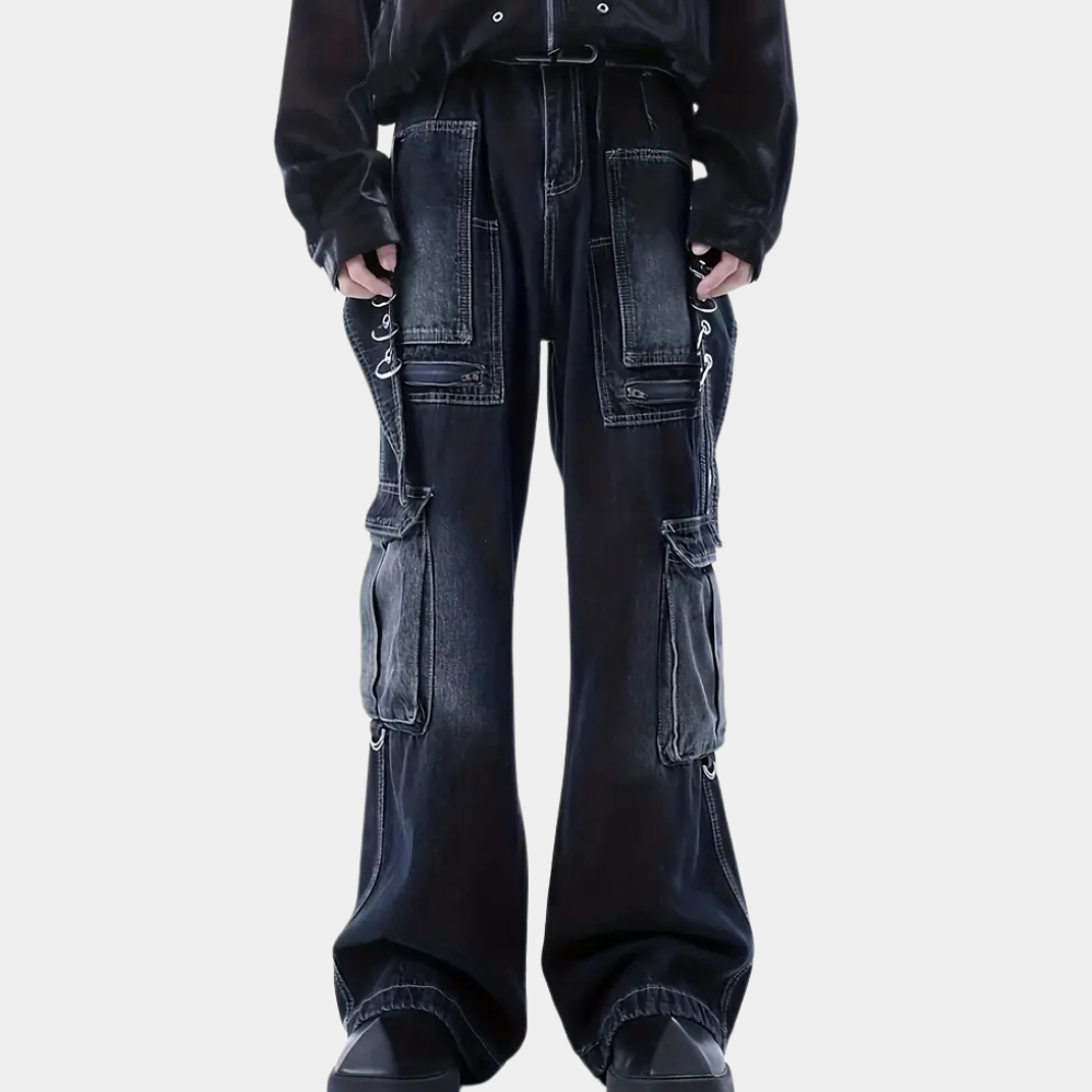 Men's cargo pants durable dark blue denim trousers - versatile casual wear