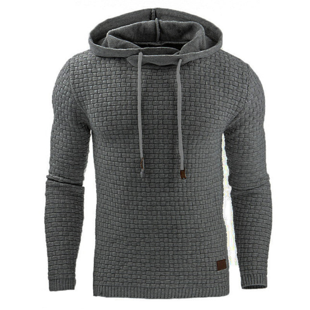 Men's hooded jumper textured knitwear grey casual - long sleeve pullover, warm fabric for everyday wear