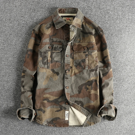 Men's cargo shirt rugged military style casual wear - long sleeve button-up with chest pockets