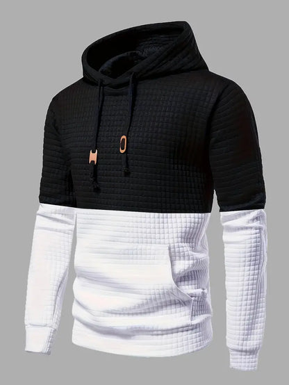 Men's hooded top waffle pattern black casual wear - stylish and versatile pullover for relaxed outings