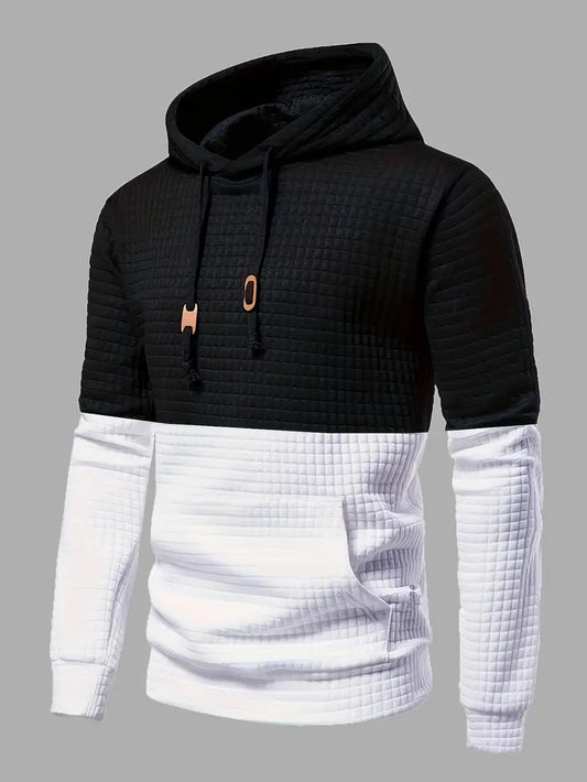 Men's hooded top waffle pattern black casual wear - stylish and versatile pullover for relaxed outings