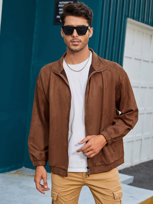 Men's zip-up jacket - sleek brown lightweight outerwear for everyday style