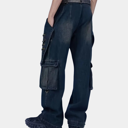 Men's cargo pants durable dark blue denim trousers - versatile casual wear