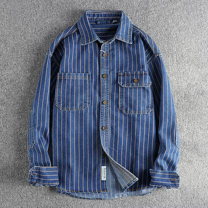 Men's denim utility shirt durable long sleeve - classic striped design for casual wear