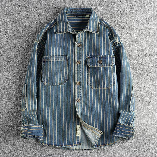 Men's denim utility shirt durable long sleeve - classic striped design for casual wear