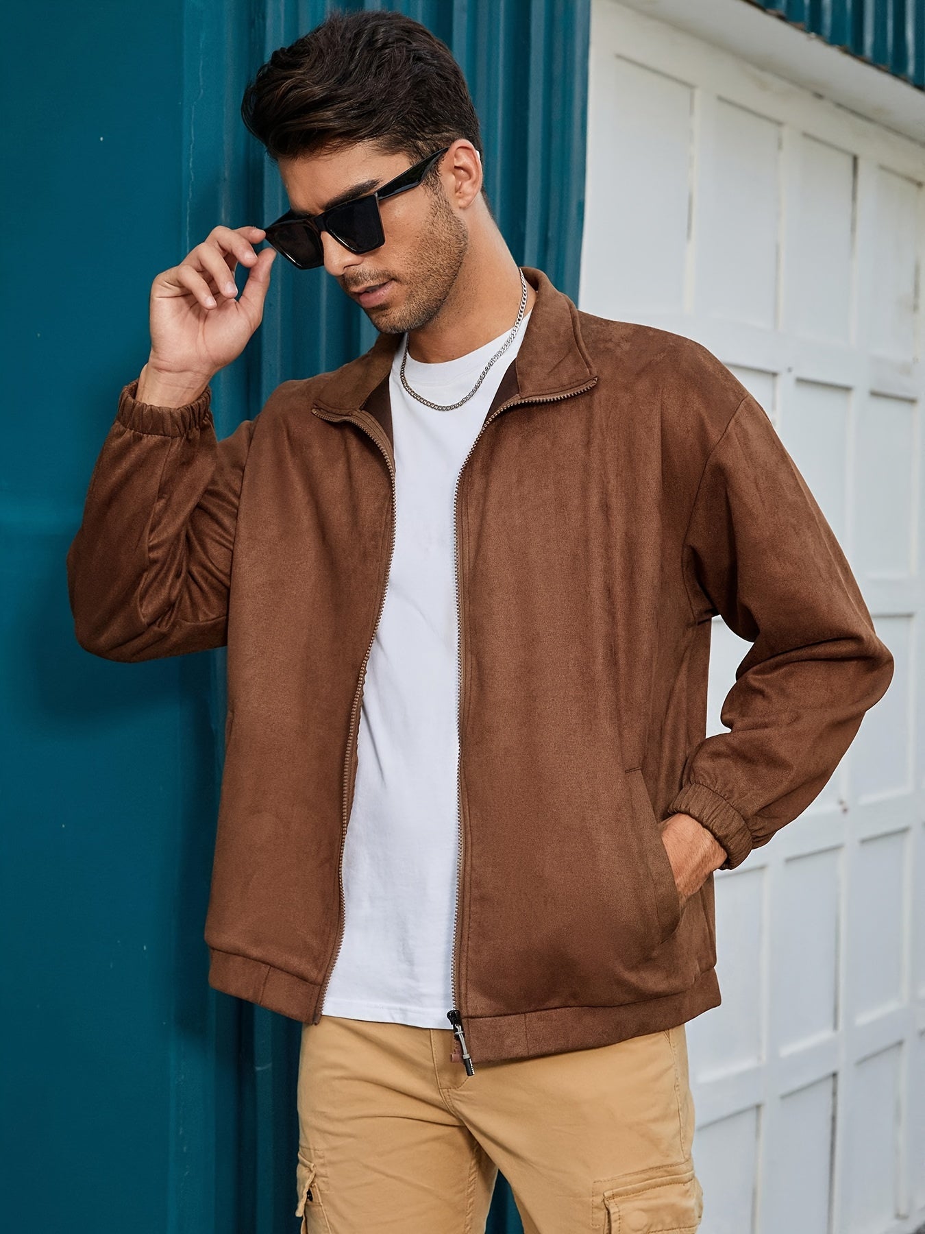 Men's zip-up jacket - sleek brown lightweight outerwear for everyday style