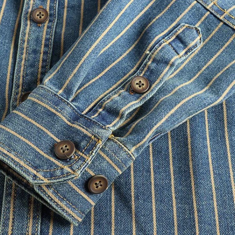 Men's denim utility shirt durable long sleeve - classic striped design for casual wear