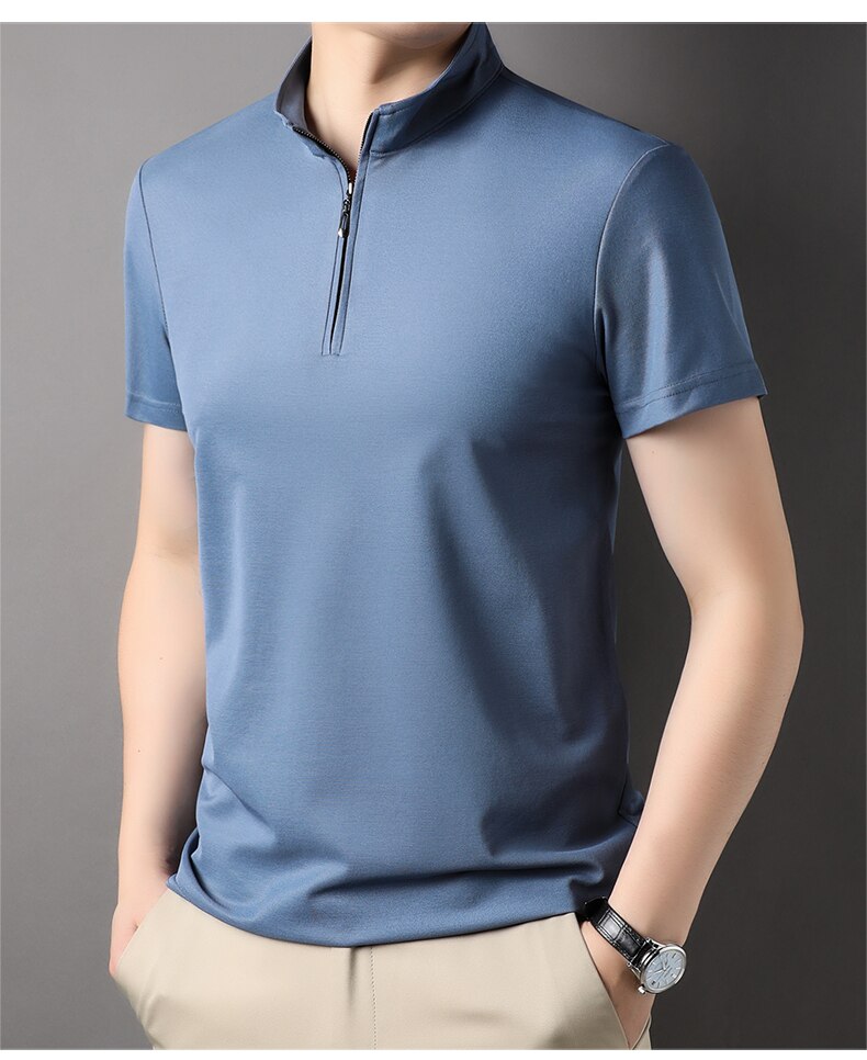Men's zip neck polo shirt modern short sleeve top - stylish casual wear for everyday outings