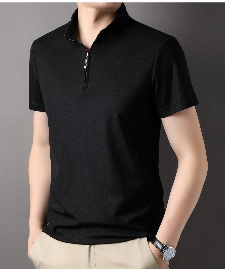 Men's zip neck polo shirt modern short sleeve top - stylish casual wear for everyday outings