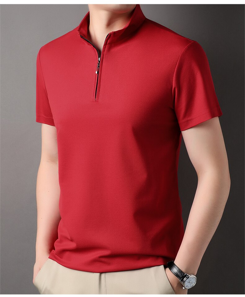 Men's zip neck polo shirt modern short sleeve top - stylish casual wear for everyday outings