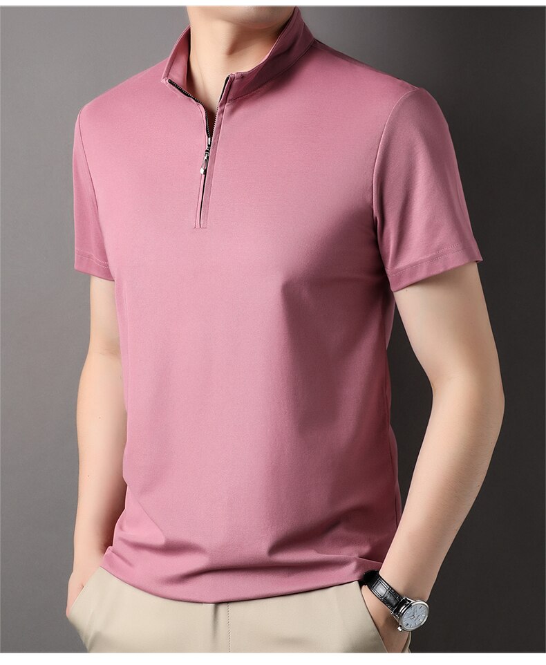 Men's zip neck polo shirt modern short sleeve top - stylish casual wear for everyday outings
