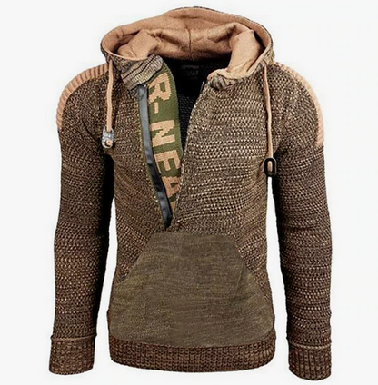 Men's vintage knit pullover - cozy casual hoodie with kangaroo pocket for autumn wear