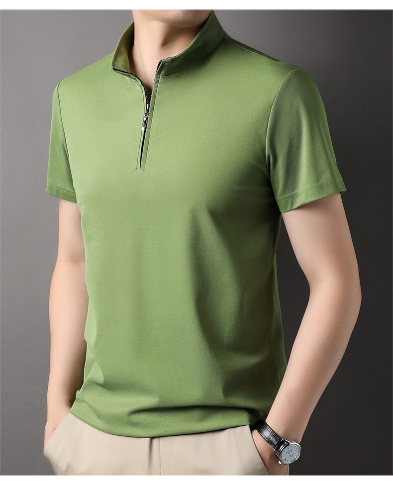 Men's zip neck polo shirt modern short sleeve top - stylish casual wear for everyday outings