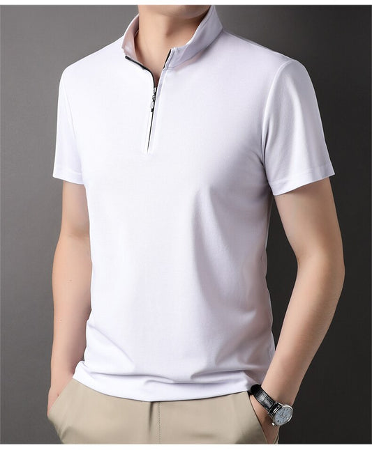 Men's zip neck polo shirt modern short sleeve top - stylish casual wear for everyday outings