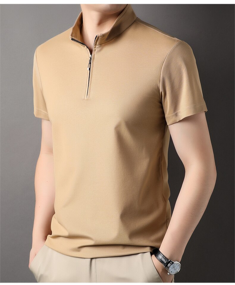 Men's zip neck polo shirt modern short sleeve top - stylish casual wear for everyday outings