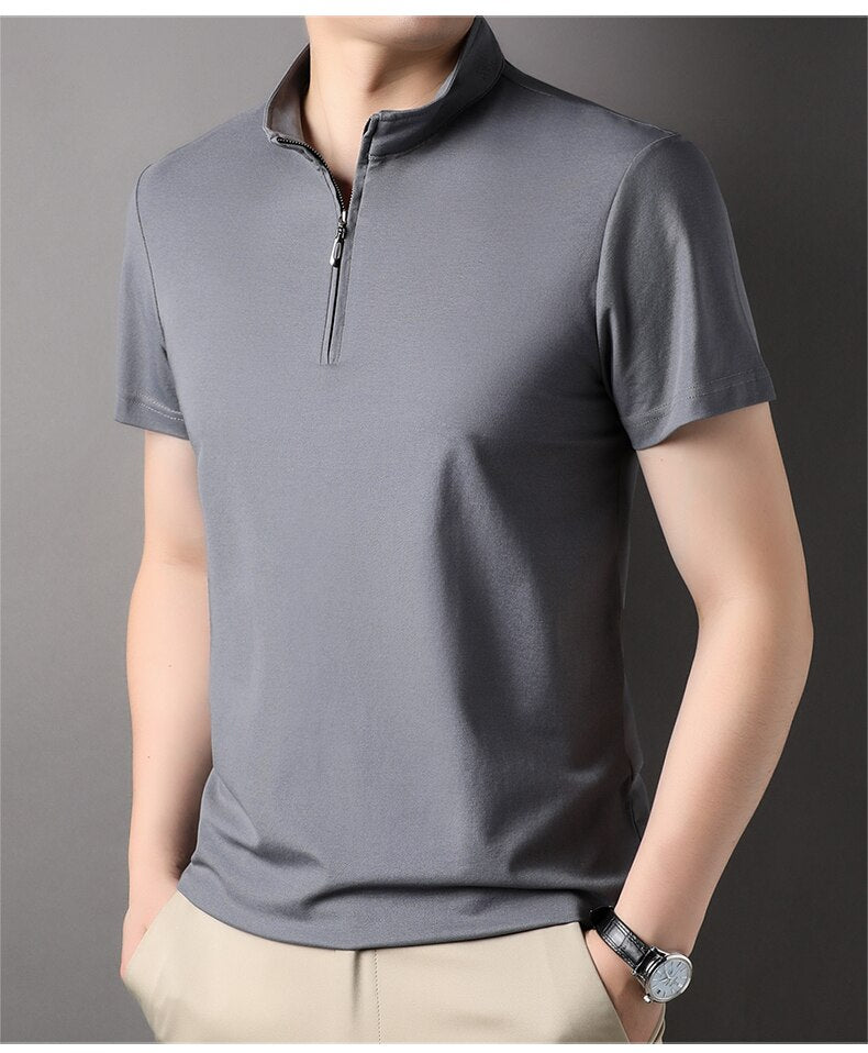 Men's zip neck polo shirt modern short sleeve top - stylish casual wear for everyday outings