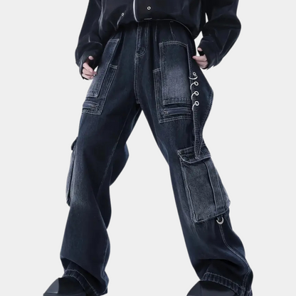 Men's cargo pants durable dark blue denim trousers - versatile casual wear
