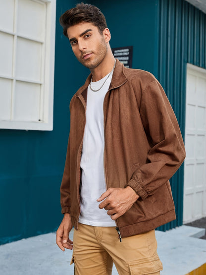 Men's zip-up jacket - sleek brown lightweight outerwear for everyday style