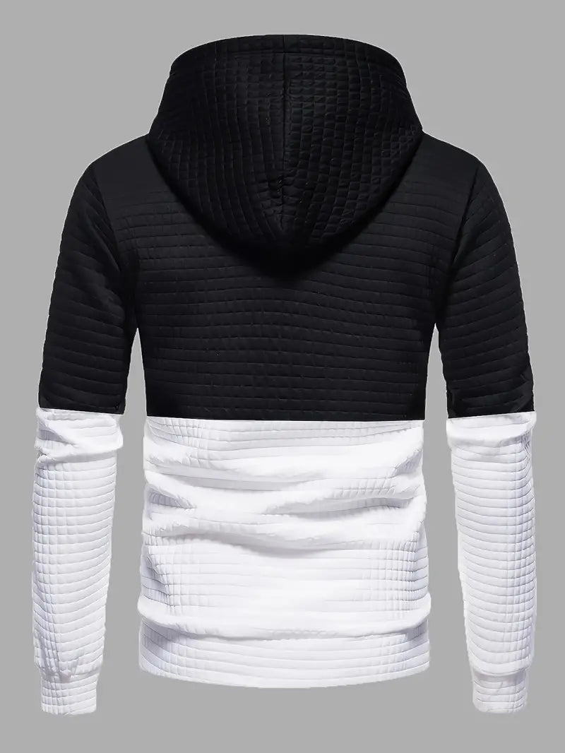 Men's hooded top waffle pattern black casual wear - stylish and versatile pullover for relaxed outings