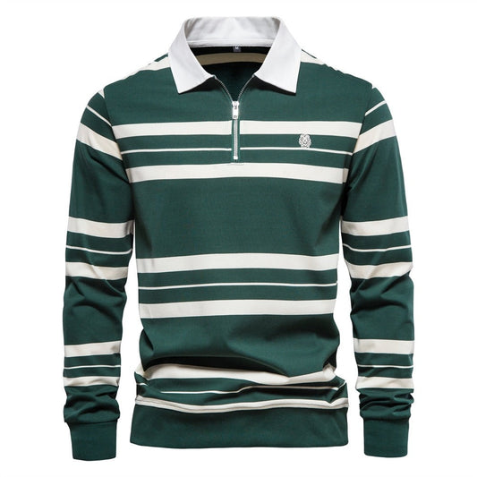 Men's long sleeve polo shirt - striped zip neck casual top for everyday wear